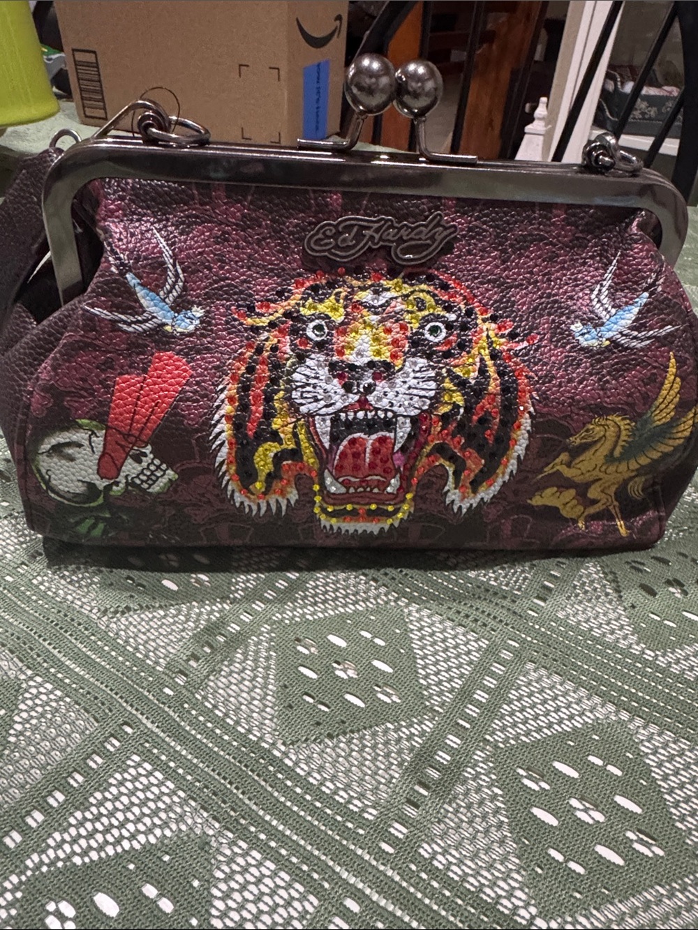 Ed Hardy Maroon Leather Tiger Kiss-Lock Clutch